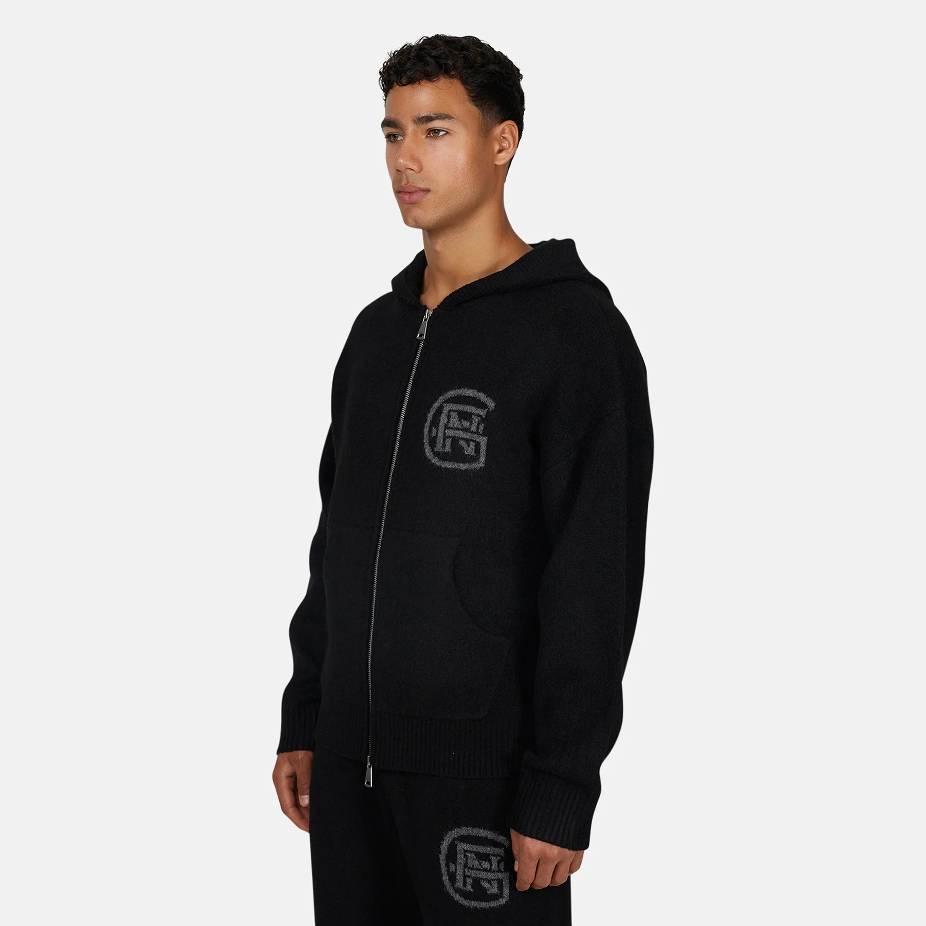 Monogram Fluffy Knit Black Zip Hoodie - Image 2