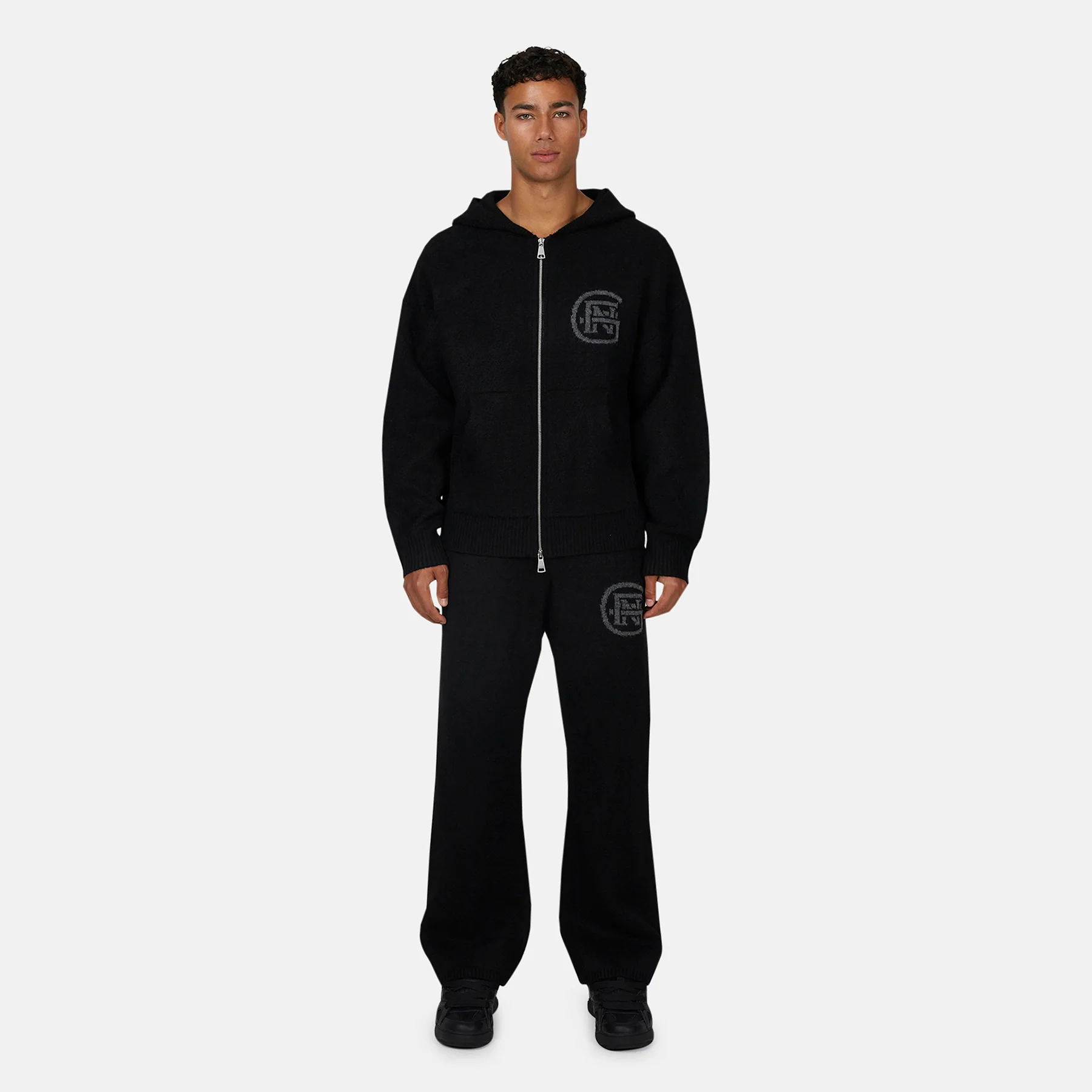 Monogram Fluffy Knit Black Zip Hoodie - Image 5