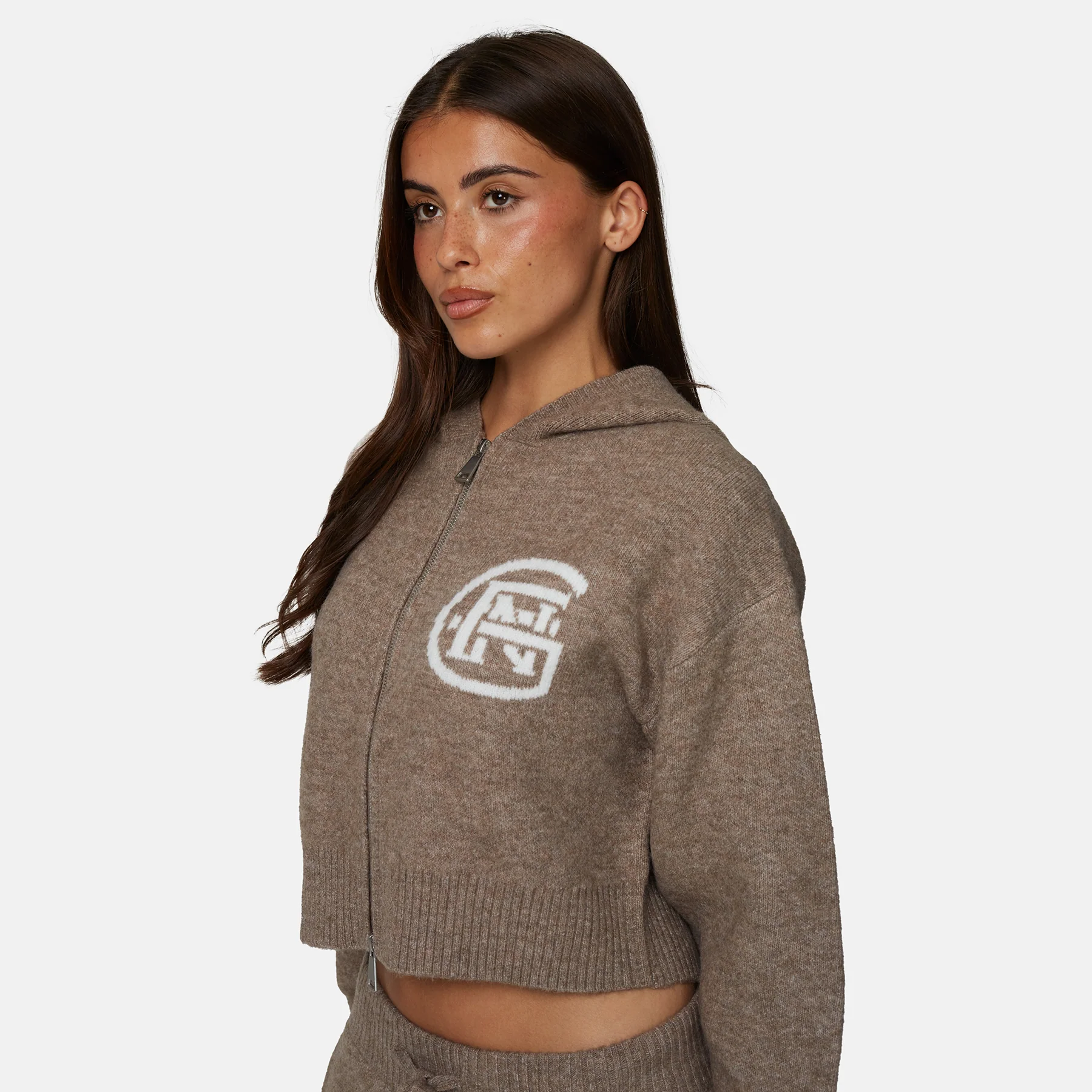 Monogram Fluffy Knit Taupe Zip Hoodie - Image 4