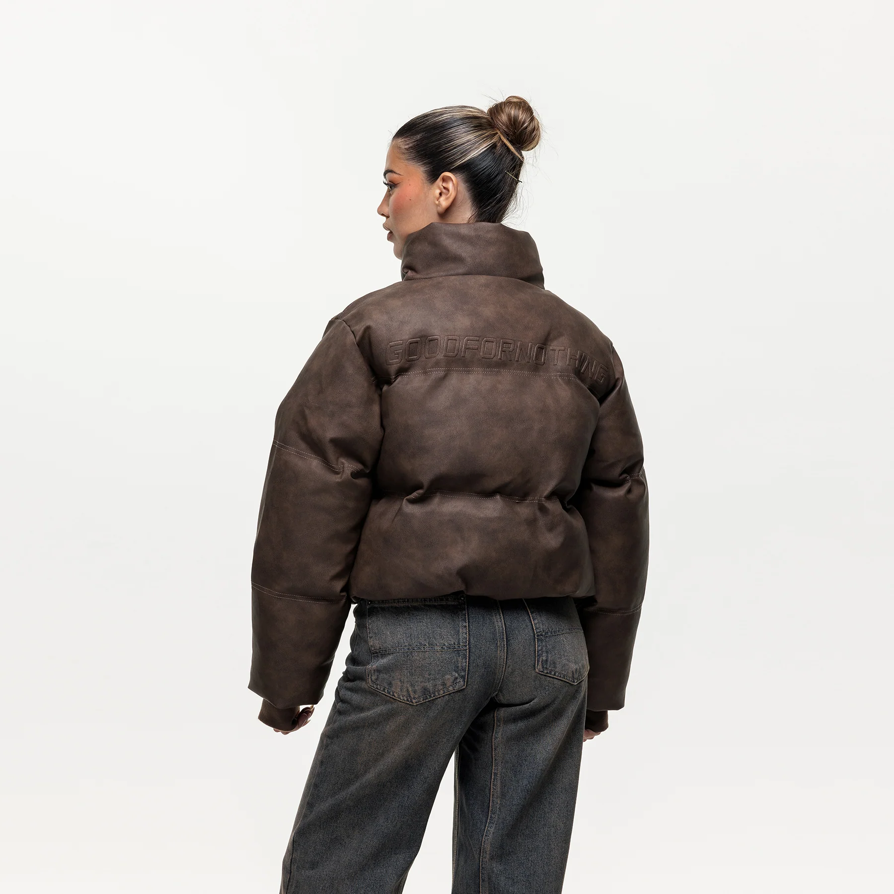 Vintage Brown Leather Puffer Coat - Image 2
