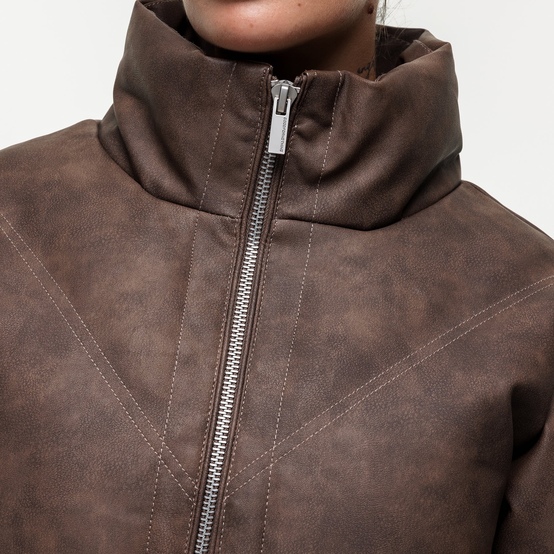 Vintage Brown Leather Puffer Coat - Image 3