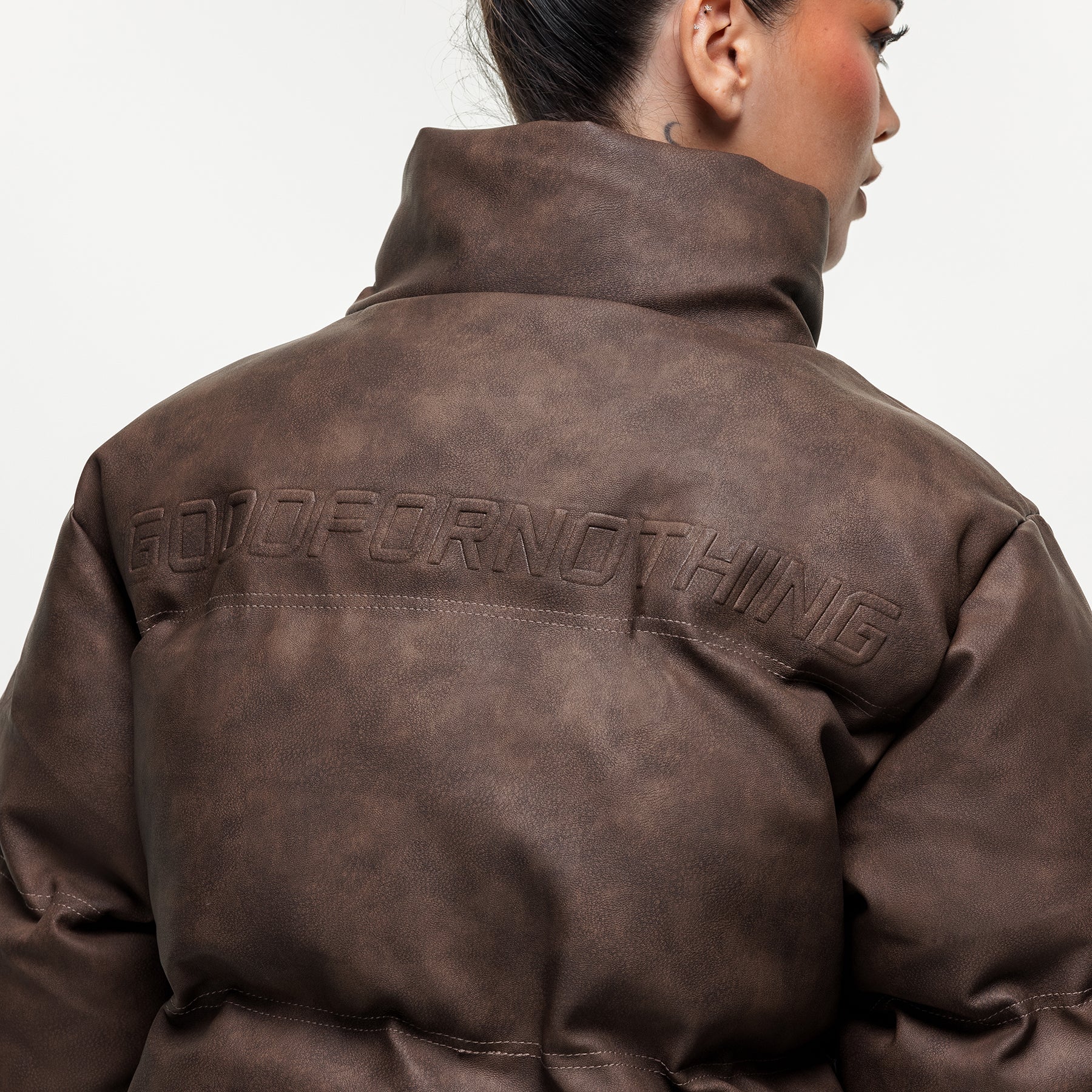 Vintage Brown Leather Puffer Coat - Image 4