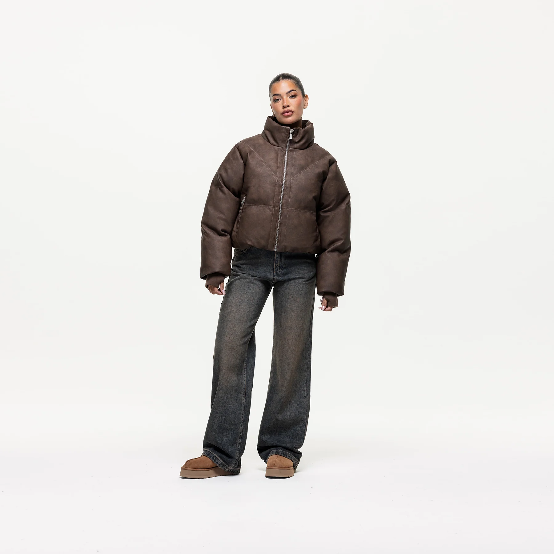 Vintage Brown Leather Puffer Coat - Image 5