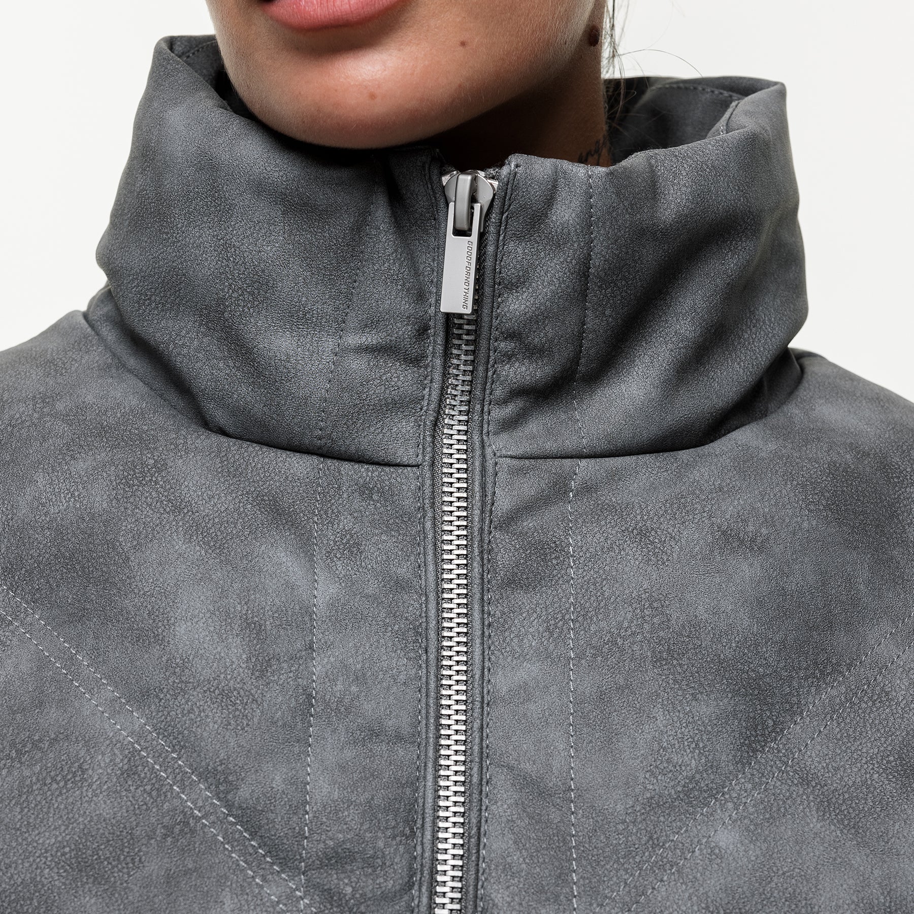 Vintage Grey Leather Puffer Coat - Image 3