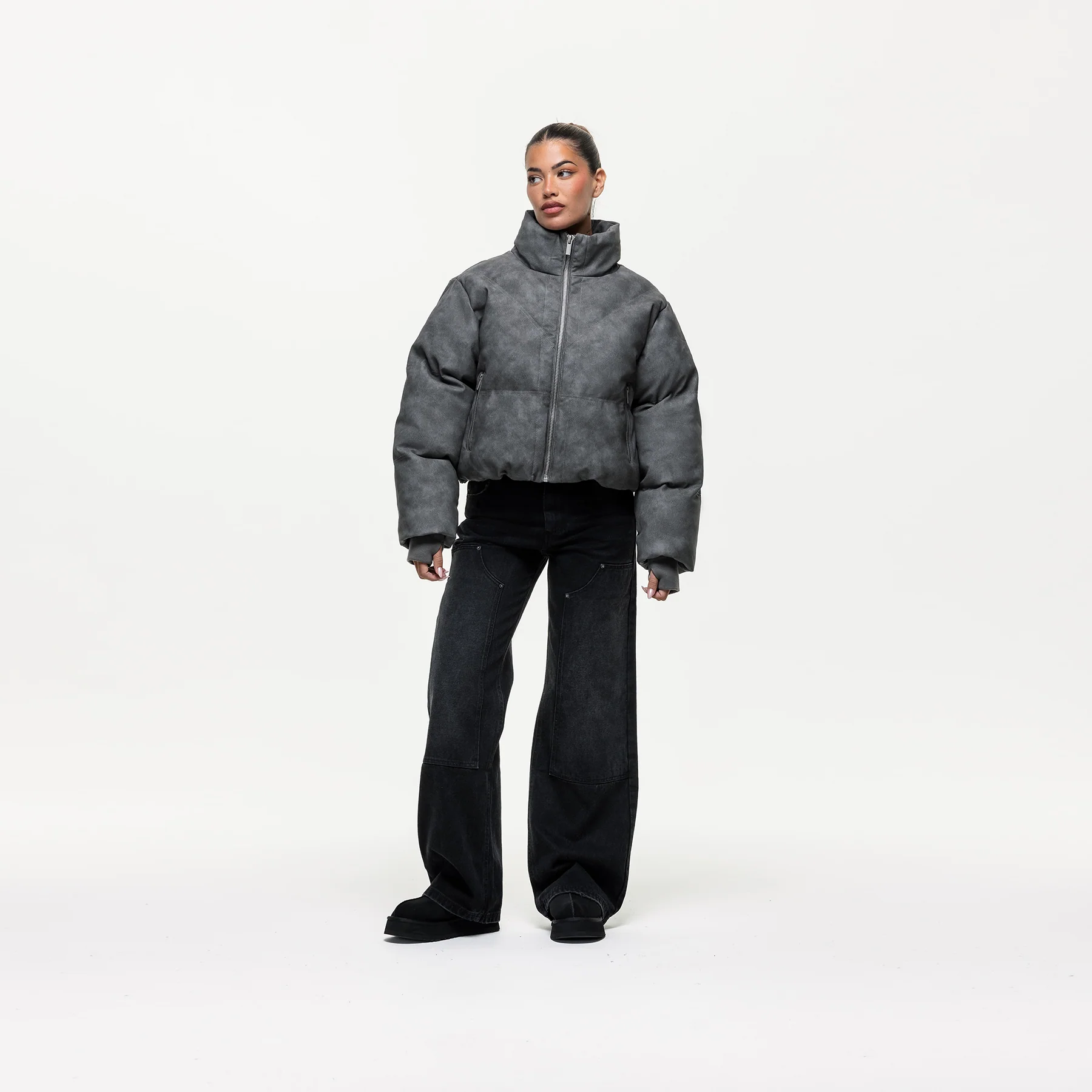 Vintage Grey Leather Puffer Coat - Image 5