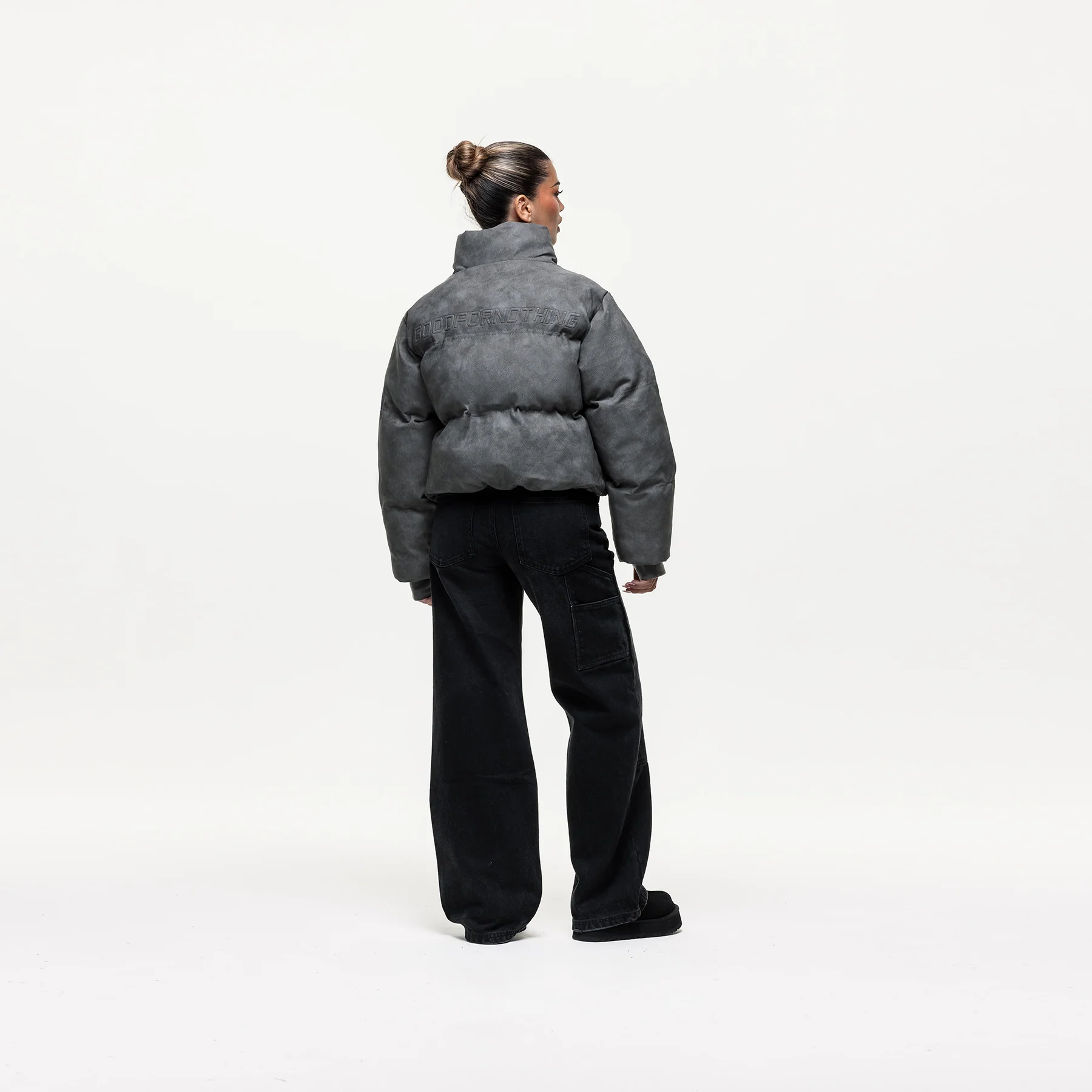 Vintage Grey Leather Puffer Coat - Image 6