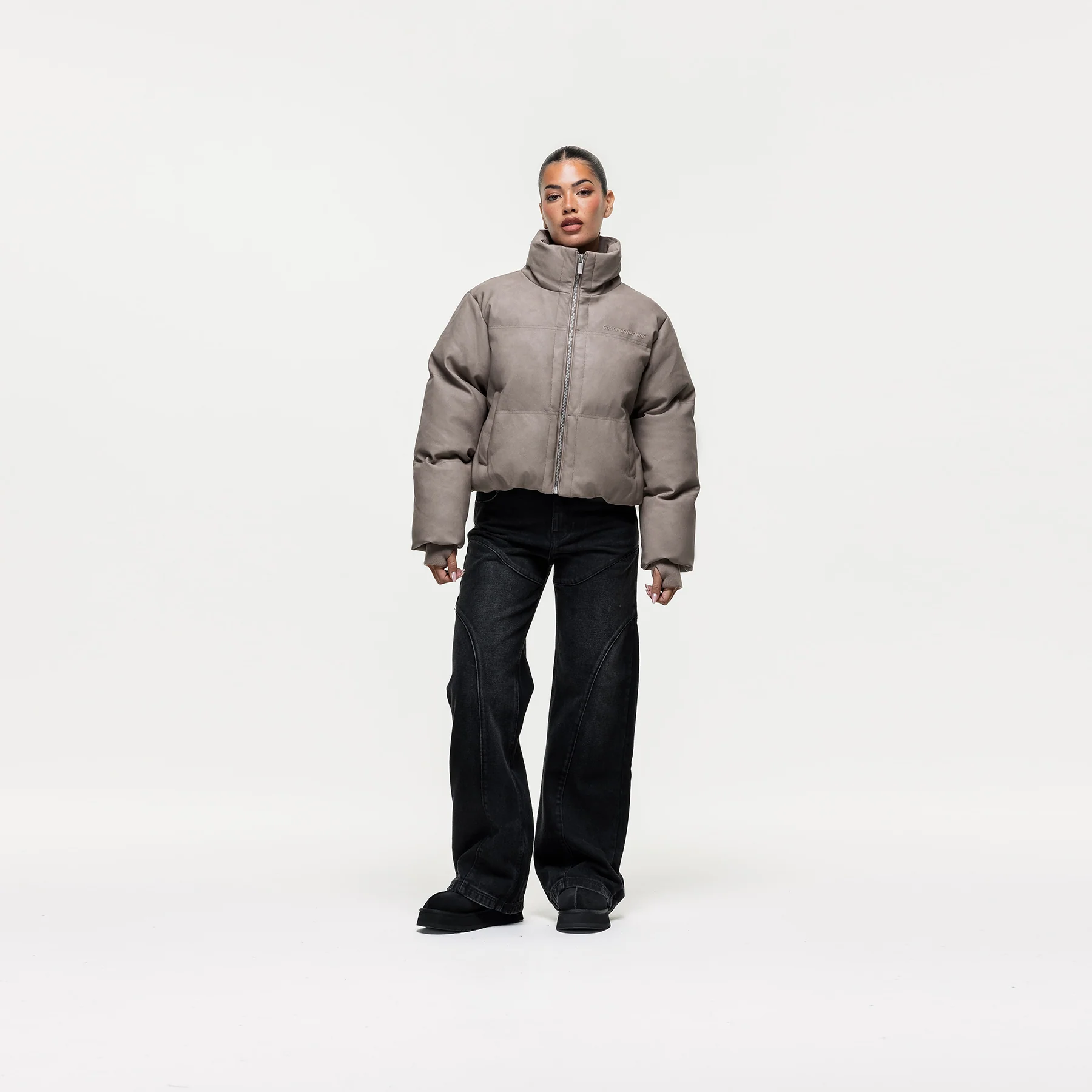 Vintage Taupe Leather Puffer Coat - Image 5
