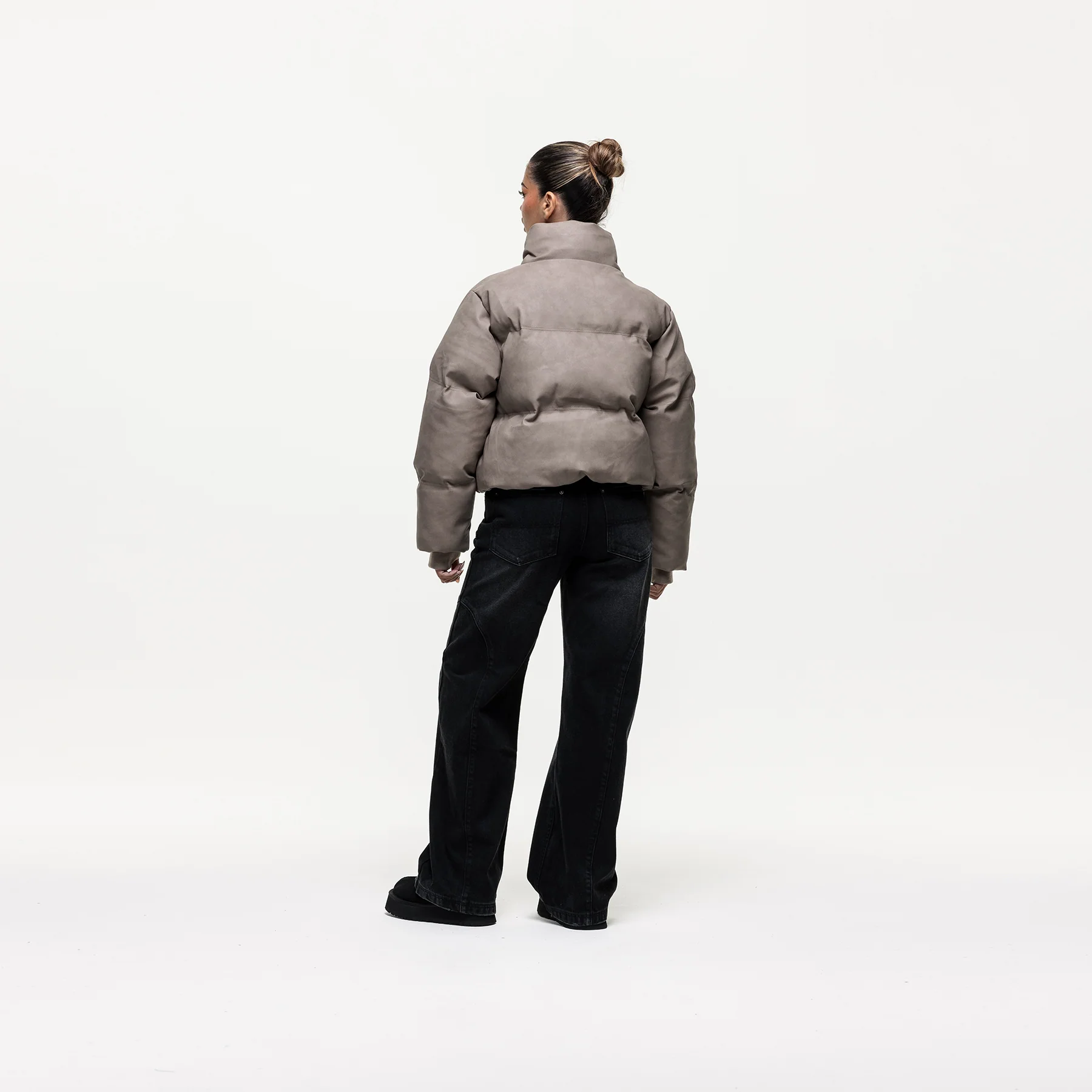 Vintage Taupe Leather Puffer Coat - Image 6