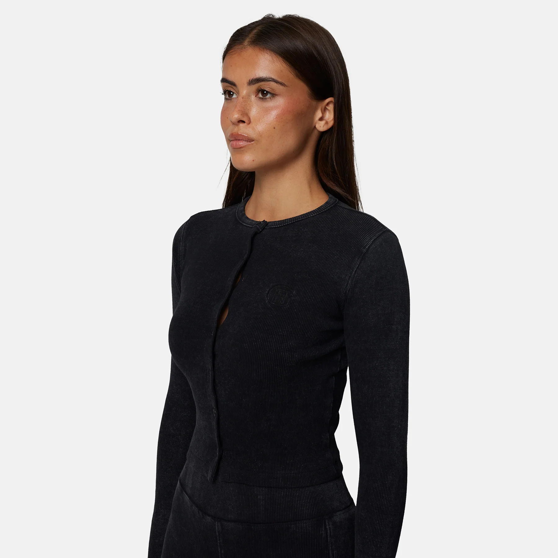 Monogram Ribbed Washed Black Cardigan Top - Image 2