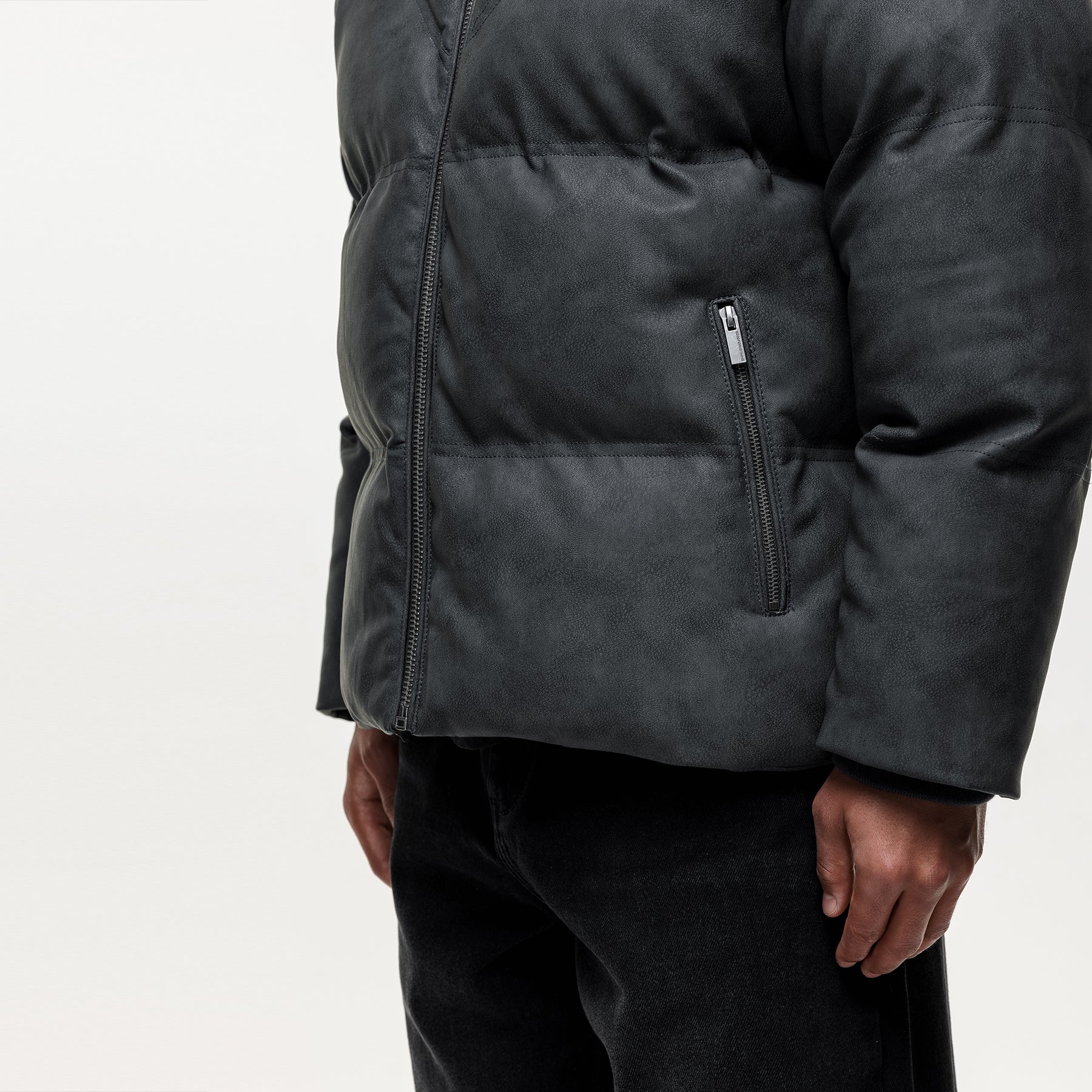 Vintage Grey Leather Puffer Coat - Image 4