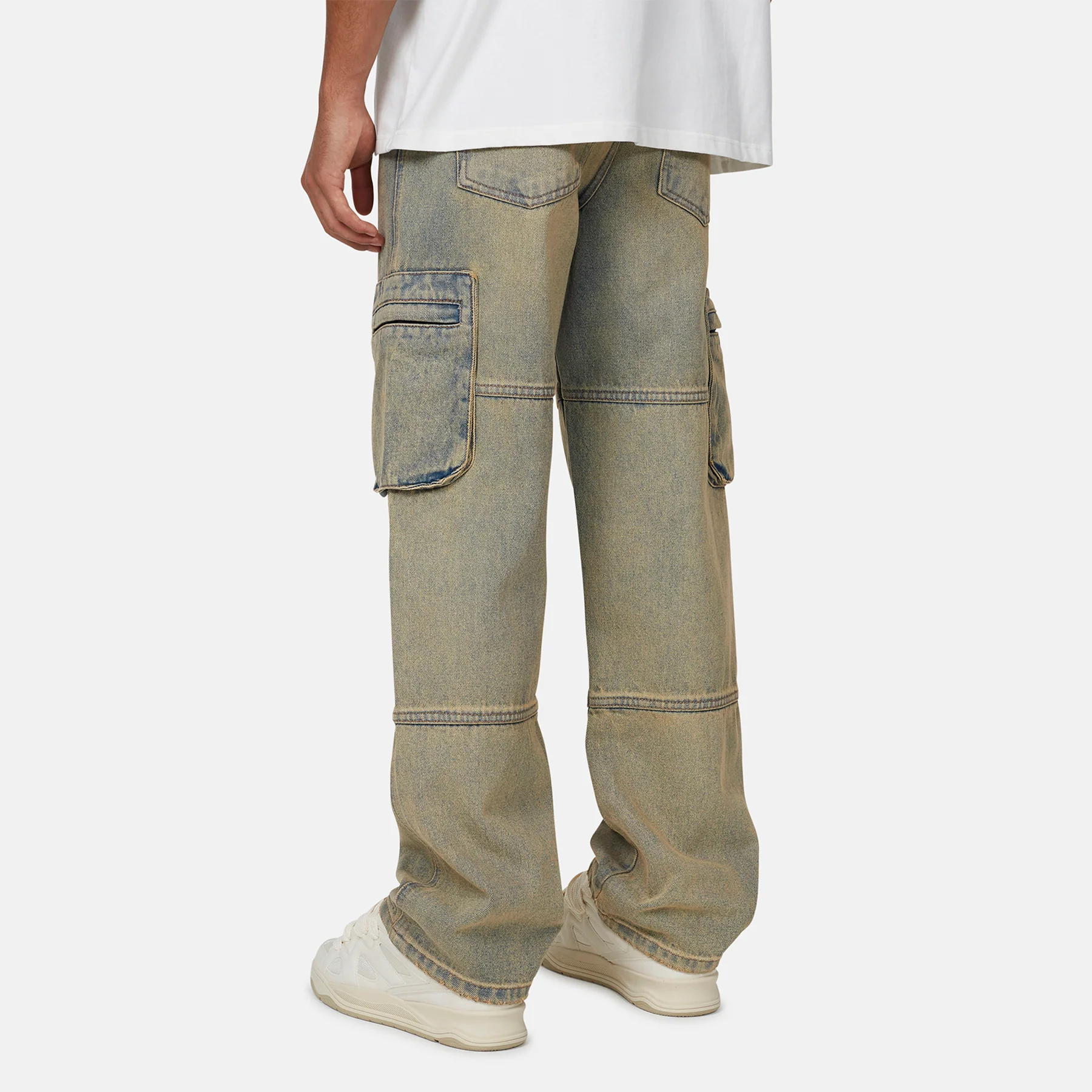 Heavy Washed Cargo Sand Blue Denim Jeans - Image 3