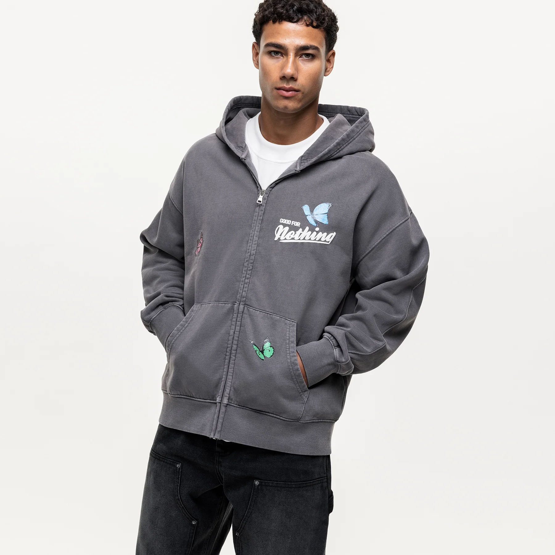 Flight Washed Grey Zip Hoodie - Image 2