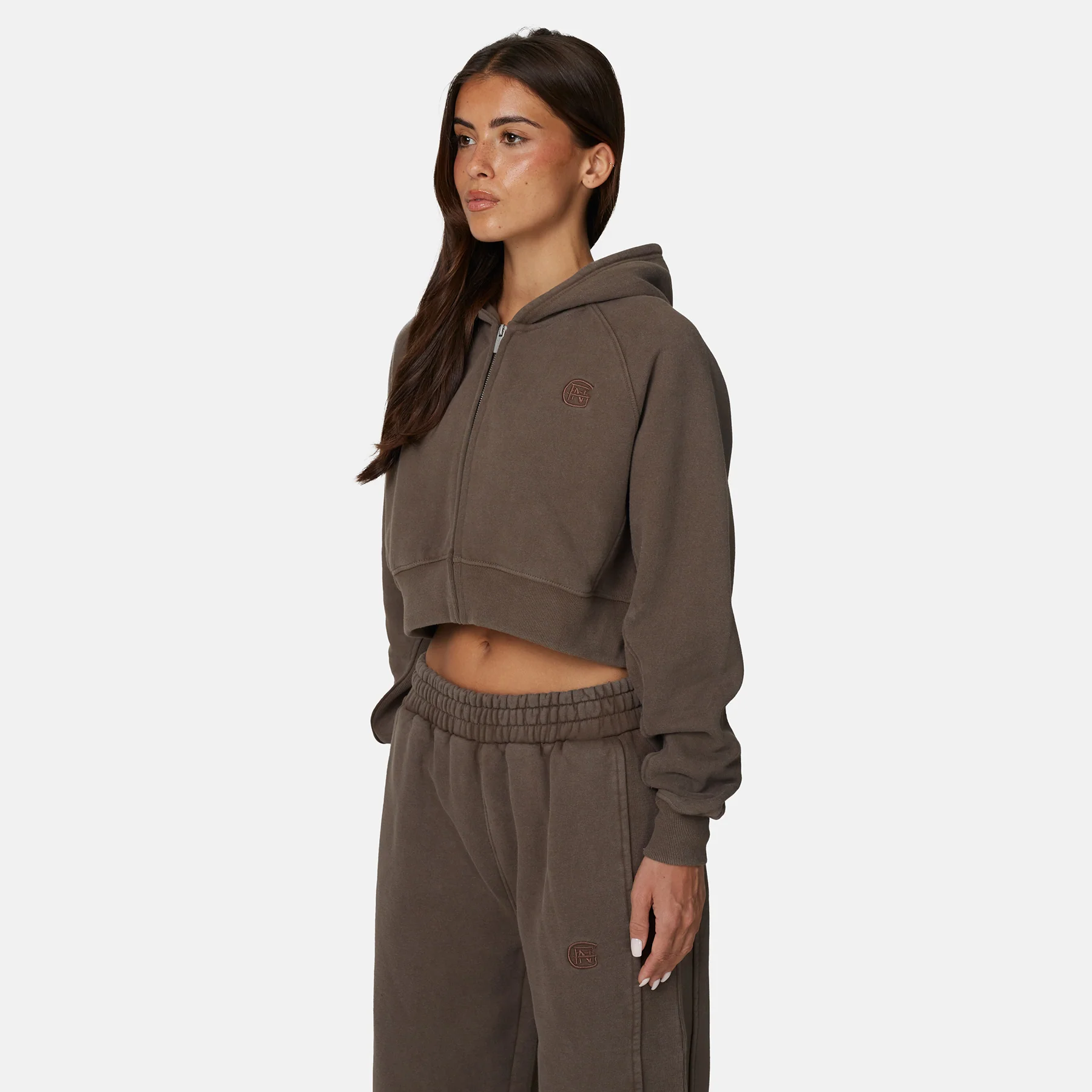 Monogram Brown Crop Zip Hoodie - Image 3
