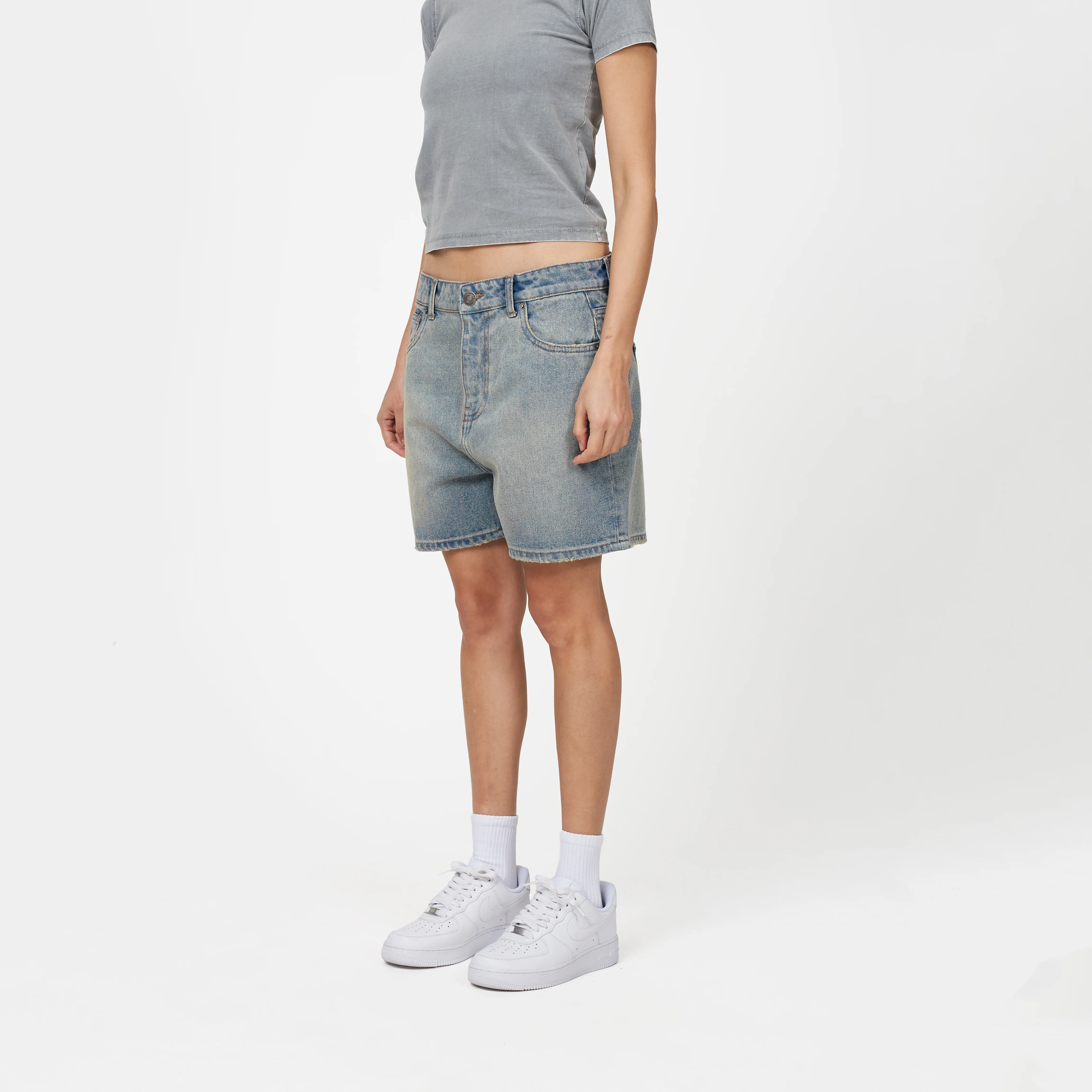 Heavy Washed Light Blue Denim Shorts - Image 3