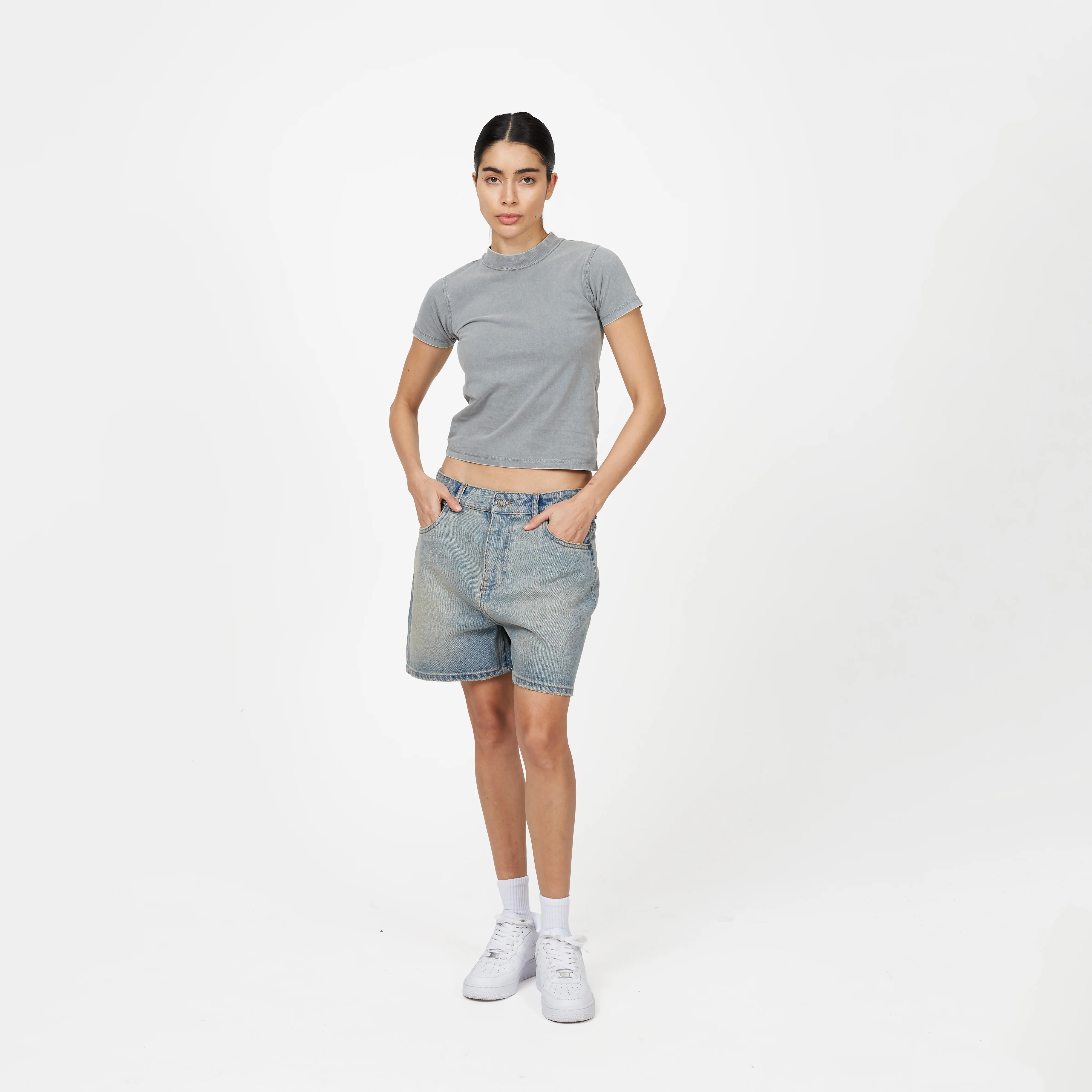Heavy Washed Light Blue Denim Shorts - Image 9
