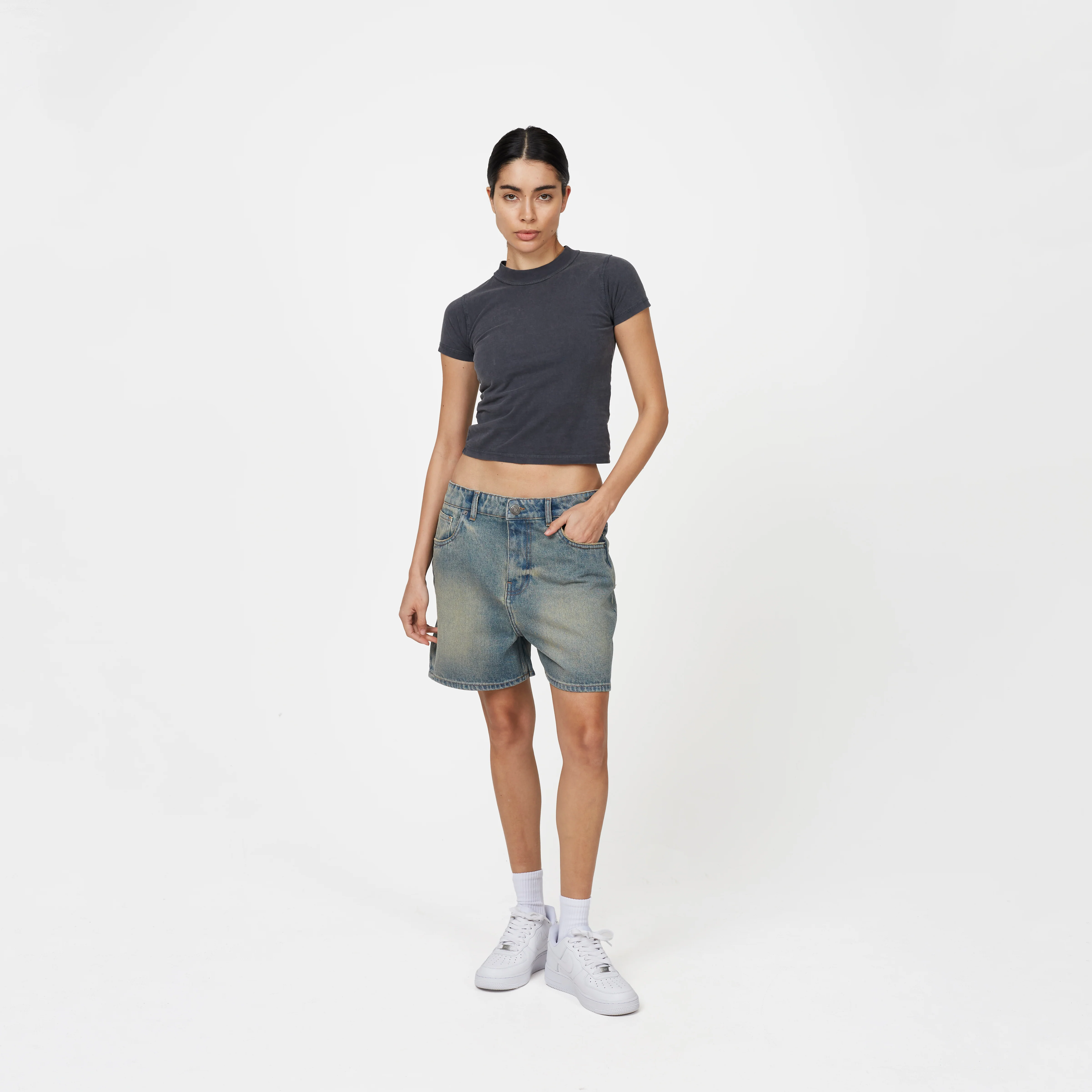 Heavy Washed Faded Blue Denim Shorts - Image 6